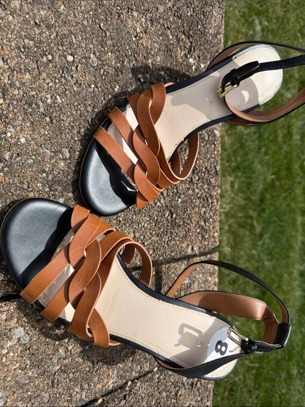 Cole Haan Tan and Black Braided-Strap Sandal